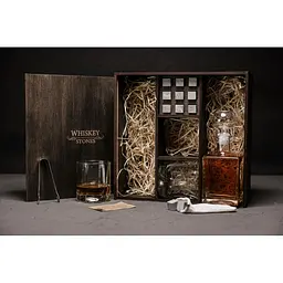 Подарунковий набір віскі Whiskey Stones з камінням для віскі в дерев'яному пеналі №3 + декантер і 2 склянки + щипці + мішечок - мініатюра 3
