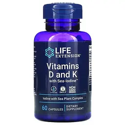 Витамин D3 + K-2 Vitamins D and K with Sea-Iodine 60 капсул Life Extension vit0006369