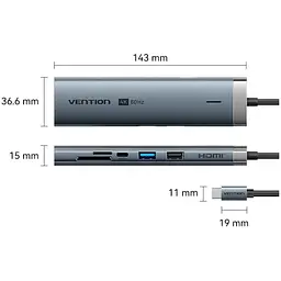 Док-станція USB3.2 Type-C --> HDMI 60Hz/USB 3.0/USB2.0/RJ45/SD/TF/PD 100W Hub 8-in-1 Vention - мініатюра 2