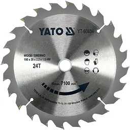 Диск пиляльний победітовий по дереву YATO 190х20x2.2x1.5 мм (YT-60634)