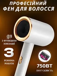 Професійний потужний компактний фен стайлер для волосся з функцією іонізації Powerful HAIR DRYER Білий з золотим (4573836222) - мініатюра 2