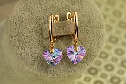 Сережки підвіски Xuping Jewelry Сваровські сердечки фіолетові хамелеон 2,8 см золотисті