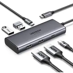 Концентратор Ugreen USB3.1 Type-C to HDMIx2 4K60Hz (8k30Hz)/USB3.0x2/Type-C/PD 100W CM498 (15852)