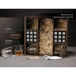 Подарунковий набір Whiskey Stones камені для віскі у дерев'яному пеналі №8 + 4 склянки Bormioli Rocco Dedalo + щипці + мішечок - мініатюра 7