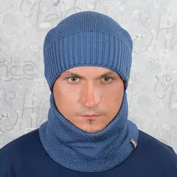 Комплект чоловіча в'язана шапка + хомут-баф-снуд на флісі теплий зимовий набір 56-60 см  Блакитний джинс
