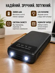 Павербанк з LED-дисплеєм та 4 вбудованими кабелями Micro-USB/Type-C/Lightning/USB TORIMA TRM-1021 20000 мАг Power bank для гаджетів Зовнішній акумулятор з ліхтарем та індикатором заряду Чорний - мініатюра 3
