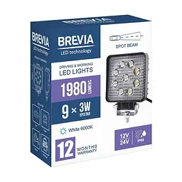 LED фара Brevia Sport Далеке світло 10-30V 27W (9x3W) 1980Lm Алюмінієвий корпус IP68 (10642QSX1) - мініатюра 8