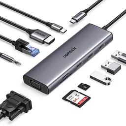Концентратор Ugreen USB3.1 Type-C to HDMI/VGA/USB 3.0х3/RJ45/SD/TF/PD/35мм TRRS 100W 10-in-1 (15601) - мініатюра 2