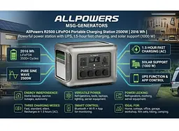 Портативна зарядна станція ALLPOWERS R-2500 2500W 2016Wh LiFePO4, APP Control, Wi-Fi, Bluetooth, MPPT 1000w Max - мініатюра 7