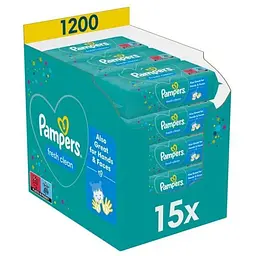 Дитячі вологі серветки Pampers Fresh Clean 15 пачок х 80 шт (1200 шт) (8001841078496)