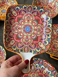 Салатник керамічний з ручкою квадр. 23x16x3 см Мальований жовтий - мініатюра 2