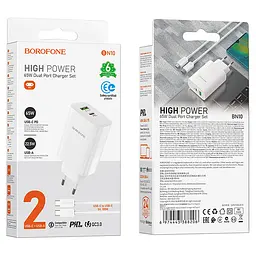 МЗП Borofone BN10 Sunlight PD65W (1USB-A/1C) + кабель Type-C to Type-C White - мініатюра 6
