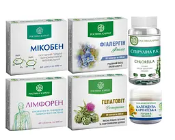Програма при алергії Фіалергін, Спіруліна Р.К Гепатовіт, Мікобен, Лімфорен, Бальзам Календула "Рослина Карпат"