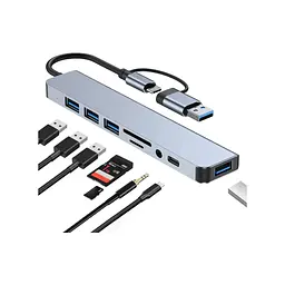 Концентратор Dynamode USB-C/A 8-in-1 1xUSB-C + 1xUSB 3.0 + 3xUSB 2.0 + 3.5mm audio + SD/TF silver (BYL-2218TU) - мініатюра 2