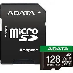 Карта пам'яті ADATA 128GB microSD class 10 UHS-I U3 V30 A2 Speed Plus (UD128GUI3V30A2SP-RA1)