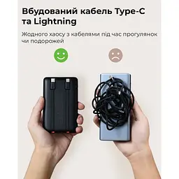 Зовнішній акумулятор VEGER 10000 mAh with built-in cables Type C / Lightning PD QC3.0 2A 22,5W C11 (W1170) black (VG-W1170) - мініатюра 8