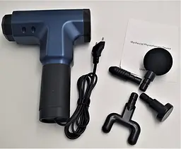 М'язовий масажер для тіла ручний 220V портативний 4 насадки Fascial Gun RF-709 синій