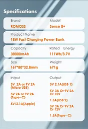 Універсальна мобільна батарея Romoss Sense8+ 30000mAh White (PHP30-401-02) - мініатюра 7