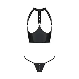 Комплект білизни з відкритими грудьми Passion GENEVIA SET WITH OPEN BRA L/XL black, корсет, стрінги - мініатюра 3