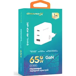 Зарядний пристрій Grand-X GaN 2xUSB-C + 1xUSB 65W PD3.0 QC4.0 AFC SCP FCP white (CH-990W) - мініатюра 2