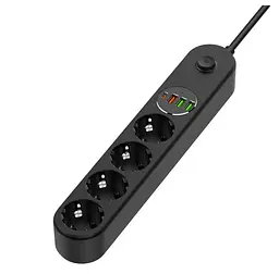Мережевий фільтр-подовжувач ColorWay CHE44-PD 4 розетки, 4 USB (Type-C PD20W + 3 USB QC3.0) (45 W), 2 м, Black