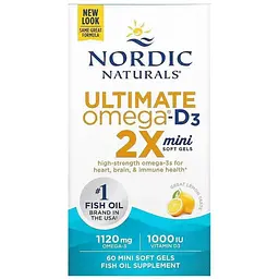 Риб'ячий жир з вітаміном Д3 Nordic Naturals Ultimate Omega D3 2X 1120 мг 60 капсул смак лимона (NOR-06105) - мініатюра 2