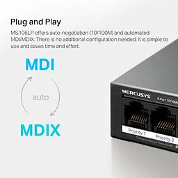 Комутатор Mercusys 6-портовий 10/100 Мбіт/с ( 4 портів PoE+ ) Mercusys, MS106LP (MS106LP) - мініатюра 8
