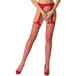 Еротичні колготки-бодістокінг Passion S011 red імітація панчох у велику сітку та пояси S/M/L