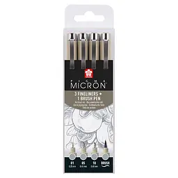 Набір лінерів Sakura PIGMA MICRON 4 шт (0.1/0.5/10/лінер-пензель Pigma Brush), сірий світлий