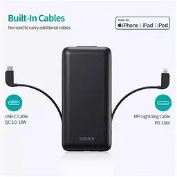Портативний зарядний пристрій Choetech із вбудованими кабелями USB-C та Lightning ємністю 10 000 мАг - мініатюра 2
