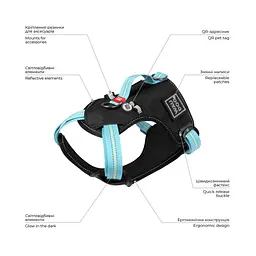 Шлея для собак безпечна Waudog Nylon з QR паспортом, металічна пряжка-фастекс, L, Ш 25 мм, А 55-85 см, В 65-85 см блакитний - мініатюра 2