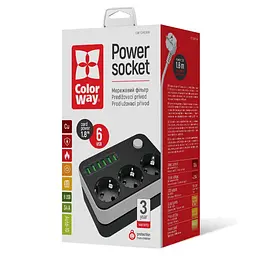 Мережевий фільтр-подовжувач ColorWay CHE-36B 17W, 3 розетки, 6xUSB, 1.8 м - мініатюра 7