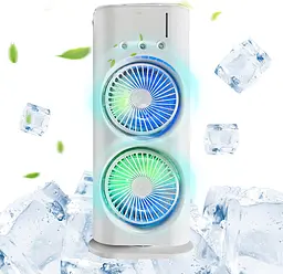 Портативний настільний подвійний вентилятор з охолодженням льодом та RGB LED підсвічуванням акумуляторний переносний поворотний на 180° USB охолоджувач повітря з розпилювачем водного туману Double ended Spray Fan UKC 33276 - мініатюра 4