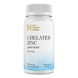 Хелатний цинк, Chelated Zinc, 30 мг, 100 капсул My Nutri Week vit0003311