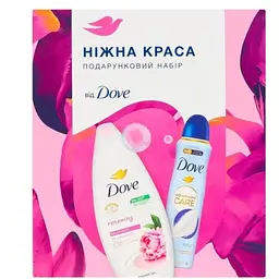 Подарунковий набір Dove Ніжна краса: Гель для душу з маслом піона і троянди 250 мл + Антиперспірант аерозоль з тальком 150 мл - мініатюра 1
