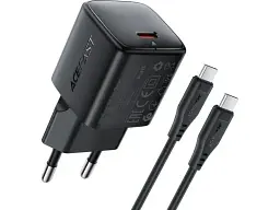 Мережевий зарядний пристрій Acefast A118 Fast Charge Wall Charger GaN 30 W + USB Type-C cable Black (6974316285175)
