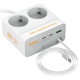 Мережевий фільтр HOCO AC28A на 2 розетки + 1 USB + 3 USB-C, 45W, 220В, кабель 2м, White, Box - мініатюра 3