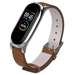 Шкіряний ремінець Primo Mijobs для фітнес-браслета Xiaomi Mi Band 4 Brown Silver - мініатюра 2