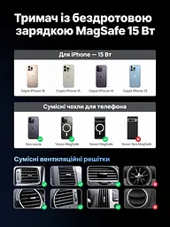 Магнітний автомобільний тримач із бездротовим заряджанням UGREEN MagFlow W708 із кріпленням-гачком у дефлектор Qi2 до 15 Вт вхід живлення USB-C PD/QC для iPhone 12 і новіших з iOS 17.2 обертання на 360° з LED-підсвічуванням кабель USB-C ↔ USB-C 1 м у комплекті сіро-чорний (35970) - мініатюра 5