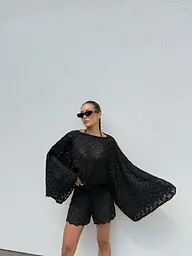 Костюм-двойка женский вязаный черный с шортами и кофтой Oversize - миниатюра 3