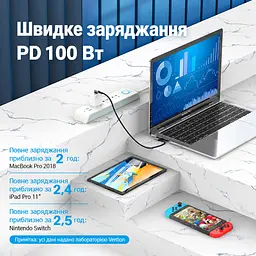Кабель Vention TANHD USB-C - USB-C кутовий 90° PD 100 Вт 0,5 м сірий (TANHD) - мініатюра 4