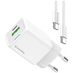 Зарядний пристрій ColorWay C101A GaN Mini 20 Вт PD PPS USB-C + USB-A QC 4.0 + кабель USB-C — USB-C чорний (CW-CHS062PDC-WT)