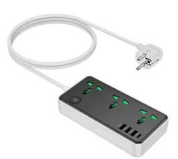 Мережевий фільтр-подовжувач HOCO AC7-A 3 розетки + 3 USB + USB-C, 17 Вт, 220 В, кабель 1,5 м, чорно-білий - мініатюра 2