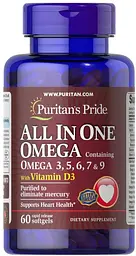 Лососева олія омега 3-5-6-7-9 і вітамін Д3 Puritan's Pride Omega 3, 5, 6, 7 & 9 with Vitamin D3 60 капс