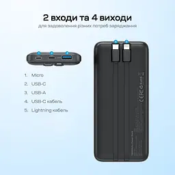 Повербанк 10000mAh Choetech B654 Black 22.5W QC3.0 PD3.0 вбудовані кабелі Type-C та Lightning (43-00147) - мініатюра 4