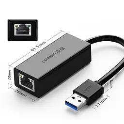 Перехідник USB 3.0 Type-A --> Ethernet RJ45 1000Mb CR111 UGREEN Чорний - мініатюра 4