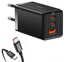 Мережевий зарядний пристрій Baseus GaN5 Pro Fast Charger 2Type-C+USB 65W + Cable Type-C to Type-C CCGP120201 Black
