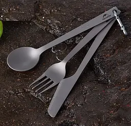 Набір туристичних столових приладів (ложка, вилка, ніж) Naturehike NH19T011-D з титану з мішечком (Сірий) - мініатюра 2