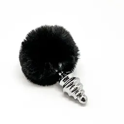 Металева анальна пробка Кролячий хвостик Alive Fluffy Twist Plug M Black діаметр 3.4 см - мініатюра 2