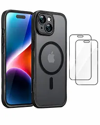 Магнітний чохол TOCOL для iPhone 14 та 2 захисні скла з підтримкою MagSafe протиударний з захистом камери чорний матовий (SKU-056)